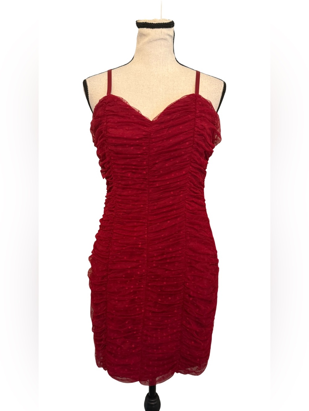 Haute Monde Red Ruched Spaghetti Strap Mini Dress